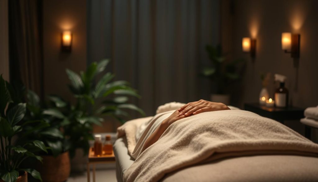 A dimly lit massage studio with soothing neutral tones. Plush towels and natural oils on a wooden massage table. Soft, indirect lighting from wall sconces casts a warm, therapeutic glow. In the foreground, a pair of skilled, experienced hands perform long, flowing Swedish massage strokes on a draped figure. The middle ground features lush, verdant plants and natural elements, evoking a serene, restorative ambiance. The background blends into a tranquil, out-of-focus scene, suggesting a private, tranquil oasis of relaxation. A dimly lit massage studio with soothing neutral tones. Plush towels and natural oils on a wooden massage table. Soft, indirect lighting from wall sconces casts a warm, therapeutic glow. In the foreground, a pair of skilled, experienced hands perform long, flowing Swedish massage strokes on a draped figure. The middle ground features lush, verdant plants and natural elements, evoking a serene, restorative ambiance. The background blends into a tranquil, out-of-focus scene, suggesting a private, tranquil oasis of relaxation.
