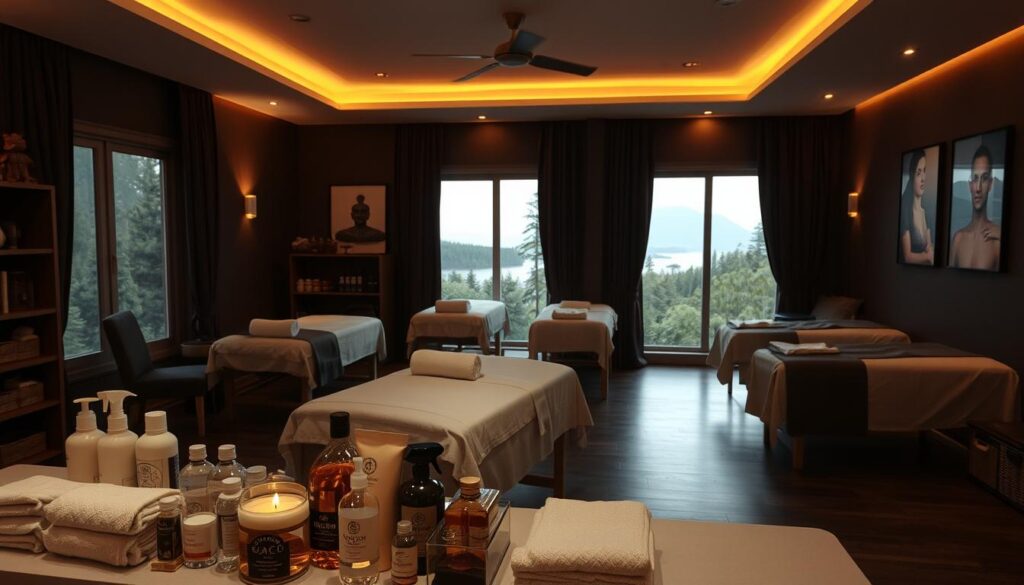 A dimly lit massage studio with various massage modalities on display. Soothing, warm lighting sets an inviting atmosphere. In the foreground, an array of massage oils, lotions, and tools are neatly arranged. The middle ground features massage tables, draped in soft fabrics, and various massage techniques demonstrated, such as Swedish, deep tissue, and hot stone. The background showcases a serene, natural landscape through a large window, further enhancing the calming ambiance. The overall scene conveys a sense of relaxation, wellness, and expertise in the diverse range of massage therapies offered. A dimly lit massage studio with various massage modalities on display. Soothing, warm lighting sets an inviting atmosphere. In the foreground, an array of massage oils, lotions, and tools are neatly arranged. The middle ground features massage tables, draped in soft fabrics, and various massage techniques demonstrated, such as Swedish, deep tissue, and hot stone. The background showcases a serene, natural landscape through a large window, further enhancing the calming ambiance. The overall scene conveys a sense of relaxation, wellness, and expertise in the diverse range of massage therapies offered.