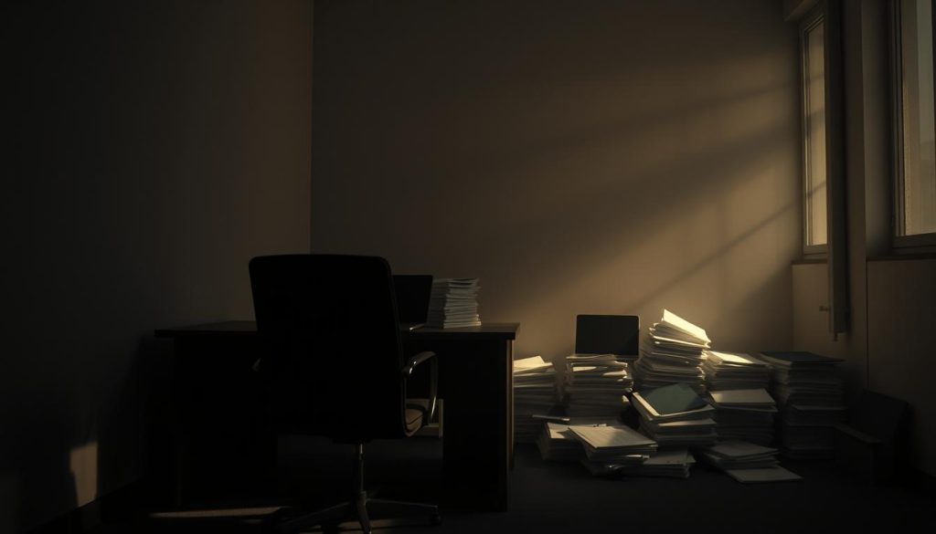 A dimly lit office interior, with a desk and chair in the foreground, casting long shadows. The walls are bare, giving a sense of isolation and detachment. In the middle ground, piles of unfinished paperwork and a laptop, symbolizing the overwhelming workload. The background is hazy, suggesting a lack of focus and clarity. Soft, warm lighting filters through the windows, creating a sense of melancholy and exhaustion. The overall atmosphere conveys the burden of burnout, the emotional and physical toll of the "tükenmişlik sendromu" experienced by the office worker. A dimly lit office interior, with a desk and chair in the foreground, casting long shadows. The walls are bare, giving a sense of isolation and detachment. In the middle ground, piles of unfinished paperwork and a laptop, symbolizing the overwhelming workload. The background is hazy, suggesting a lack of focus and clarity. Soft, warm lighting filters through the windows, creating a sense of melancholy and exhaustion. The overall atmosphere conveys the burden of burnout, the emotional and physical toll of the "tükenmişlik sendromu" experienced by the office worker.