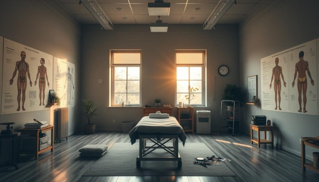 A dimly lit, serene classroom setting. The walls are adorned with anatomical diagrams and soothing, earthy tones. In the center, a massage table stands, surrounded by various massage therapy tools and equipment. Natural light filters in through large windows, casting a warm glow. The atmosphere exudes a sense of tranquility and professionalism, conveying the educational and certification aspects of masaj terapisti training. The scene invites the viewer to imagine the comprehensive theoretical and practical knowledge required to become a skilled masaj terapisti. A dimly lit, serene classroom setting. The walls are adorned with anatomical diagrams and soothing, earthy tones. In the center, a massage table stands, surrounded by various massage therapy tools and equipment. Natural light filters in through large windows, casting a warm glow. The atmosphere exudes a sense of tranquility and professionalism, conveying the educational and certification aspects of masaj terapisti training. The scene invites the viewer to imagine the comprehensive theoretical and practical knowledge required to become a skilled masaj terapisti.