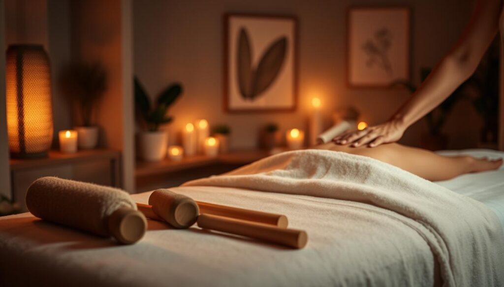 A dimly lit, serene massage studio with soft, warm lighting. In the foreground, a massage table with plush linens and a selection of massage oils and tools - natural sponges, wooden rollers, and bamboo sticks. Middle ground showcases the skilled hands of a masseuse, delicately applying various massage techniques - kneading, stroking, and tapping - to relieve muscle tension. The background features calming decor, such as potted plants, candles, and minimal abstract artwork, creating a tranquil, rejuvenating atmosphere. A dimly lit, serene massage studio with soft, warm lighting. In the foreground, a massage table with plush linens and a selection of massage oils and tools - natural sponges, wooden rollers, and bamboo sticks. Middle ground showcases the skilled hands of a masseuse, delicately applying various massage techniques - kneading, stroking, and tapping - to relieve muscle tension. The background features calming decor, such as potted plants, candles, and minimal abstract artwork, creating a tranquil, rejuvenating atmosphere.