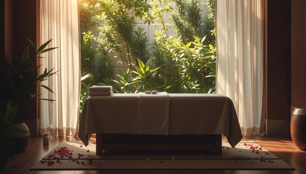 A dimly lit, serene spa-like setting with lush, verdant foliage and soothing natural lighting. An elegant massage table is positioned centrally, draped in soft, plush linens. Warm, earthy tones and natural wood accents create a calming atmosphere. Delicate, fragrant flower petals are scattered around the table, hinting at the use of aromatherapy oils. The scene evokes a sense of tranquility and restorative well-being, perfectly capturing the essence of an "aromaterapi masajı" experience. A dimly lit, serene spa-like setting with lush, verdant foliage and soothing natural lighting. An elegant massage table is positioned centrally, draped in soft, plush linens. Warm, earthy tones and natural wood accents create a calming atmosphere. Delicate, fragrant flower petals are scattered around the table, hinting at the use of aromatherapy oils. The scene evokes a sense of tranquility and restorative well-being, perfectly capturing the essence of an "aromaterapi masajı" experience.