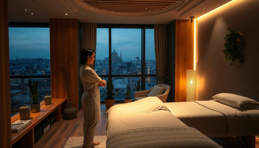A dimly lit, soothing massage studio in Istanbul's Anatolian side, with soft lighting casting a warm glow on the wooden accents and plush fabrics. A professional masseuse stands in the foreground, their hands delicately working to alleviate tension and stress, conveying a sense of tranquility and rejuvenation. The middle ground features calming, earthy-toned decor, like potted plants and natural stone details, while the background showcases the cityscape through large windows, creating a harmonious blend of urban and serene. The overall atmosphere evokes a sanctuary of relaxation and well-being. A dimly lit, soothing massage studio in Istanbul's Anatolian side, with soft lighting casting a warm glow on the wooden accents and plush fabrics. A professional masseuse stands in the foreground, their hands delicately working to alleviate tension and stress, conveying a sense of tranquility and rejuvenation. The middle ground features calming, earthy-toned decor, like potted plants and natural stone details, while the background showcases the cityscape through large windows, creating a harmonious blend of urban and serene. The overall atmosphere evokes a sanctuary of relaxation and well-being.