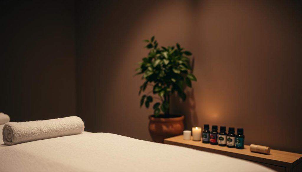 A dimly lit spa-like setting, with soft lighting and soothing music playing in the background. In the foreground, a massage table draped with a plush, white towel, ready for a deep tissue massage. Beside it, an array of essential oil bottles, their labels barely visible, hinting at the aromatherapy experience to come. The middle ground features a potted plant, its lush foliage adding a natural, calming element to the scene. In the background, a muted, earthy-toned wall provides a serene backdrop, setting the stage for a tranquil, restorative massage session. A dimly lit spa-like setting, with soft lighting and soothing music playing in the background. In the foreground, a massage table draped with a plush, white towel, ready for a deep tissue massage. Beside it, an array of essential oil bottles, their labels barely visible, hinting at the aromatherapy experience to come. The middle ground features a potted plant, its lush foliage adding a natural, calming element to the scene. In the background, a muted, earthy-toned wall provides a serene backdrop, setting the stage for a tranquil, restorative massage session.