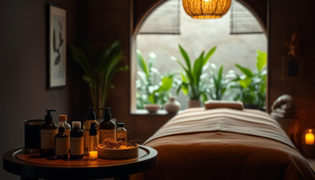 A dimly lit spa-like setting, with warm, ambient lighting and soothing natural textures. In the foreground, an array of massage oils, lotions, and tools are neatly arranged on a wooden side table. The middle ground features a plush massage table, draped with a soft, luxurious fabric in earthy tones. Behind it, a tranquil landscape of lush, verdant plants and serene, minimalist decor creates a calming, serene atmosphere. The overall composition conveys a sense of relaxation, wellness, and the promise of a rejuvenating massage experience. A dimly lit spa-like setting, with warm, ambient lighting and soothing natural textures. In the foreground, an array of massage oils, lotions, and tools are neatly arranged on a wooden side table. The middle ground features a plush massage table, draped with a soft, luxurious fabric in earthy tones. Behind it, a tranquil landscape of lush, verdant plants and serene, minimalist decor creates a calming, serene atmosphere. The overall composition conveys a sense of relaxation, wellness, and the promise of a rejuvenating massage experience.