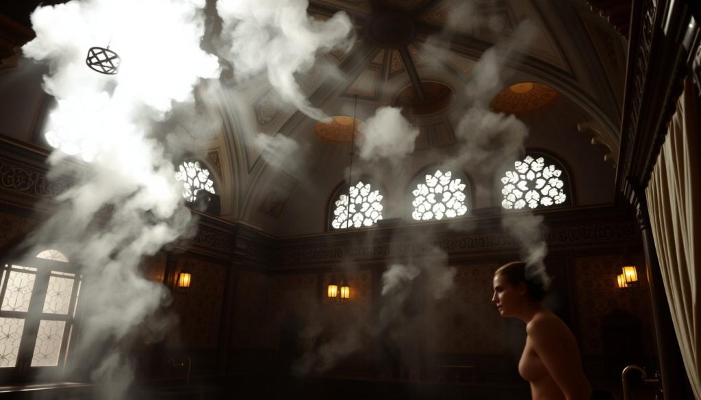 A dimly lit, traditional Turkish hamam (bathhouse) scene. Intricate, ornate architecture with arched domed ceilings, decorative tiles, and warm lighting. Billowing steam fills the air, creating a hazy, serene atmosphere. Sunlight filters through the ornate windows, casting a soft, golden glow. Plush, draped fabrics and ornate brass fixtures add to the luxurious, opulent ambiance. Soothing, tranquil ambiance with a sense of relaxation and indulgence. A dimly lit, traditional Turkish hamam (bathhouse) scene. Intricate, ornate architecture with arched domed ceilings, decorative tiles, and warm lighting. Billowing steam fills the air, creating a hazy, serene atmosphere. Sunlight filters through the ornate windows, casting a soft, golden glow. Plush, draped fabrics and ornate brass fixtures add to the luxurious, opulent ambiance. Soothing, tranquil ambiance with a sense of relaxation and indulgence.
