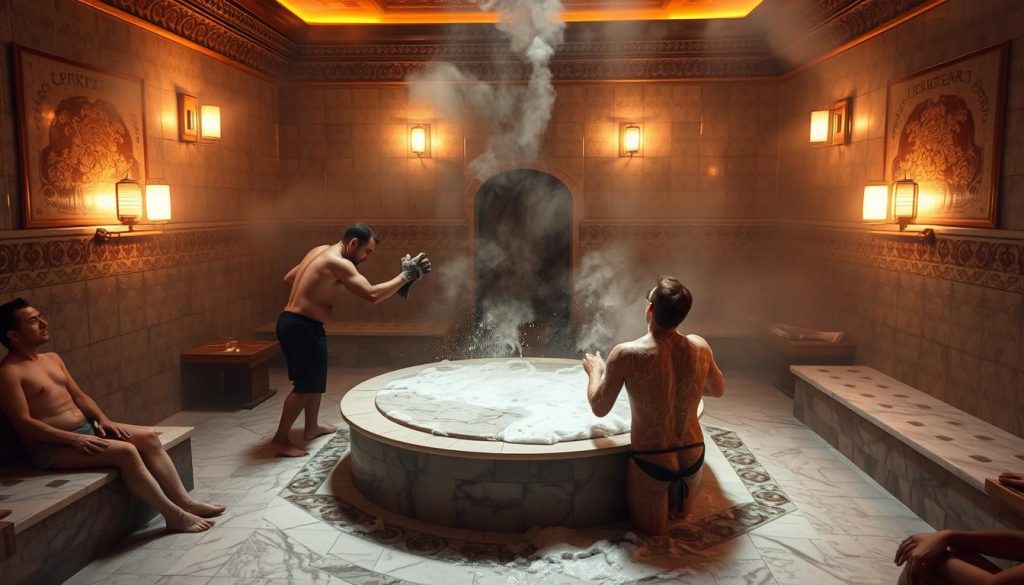 A dimly lit, traditional Turkish hamam featuring a central marble slab surrounded by ornate tiled walls. Steam billows, casting a warm, misty glow. In the foreground, a skilled attendant vigorously scrubs a patron's body with a rough kese mitt, creating a thick, foamy lather. On the periphery, other patrons recline on heated marble benches, enjoying the rejuvenating sauna experience. The atmosphere is one of relaxation, indulgence, and centuries-old ritual. Soft, diffused lighting accentuates the ornate architectural details and the serene, rejuvenating ambiance. A dimly lit, traditional Turkish hamam featuring a central marble slab surrounded by ornate tiled walls. Steam billows, casting a warm, misty glow. In the foreground, a skilled attendant vigorously scrubs a patron's body with a rough kese mitt, creating a thick, foamy lather. On the periphery, other patrons recline on heated marble benches, enjoying the rejuvenating sauna experience. The atmosphere is one of relaxation, indulgence, and centuries-old ritual. Soft, diffused lighting accentuates the ornate architectural details and the serene, rejuvenating ambiance.