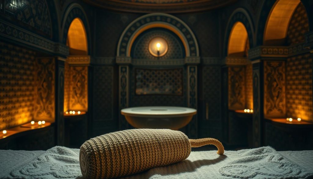 A dimly lit, traditional Turkish hamam interior with intricate tiled walls, ornate arched alcoves, and a central heated marble plinth. Soft, warm lighting casts a golden glow, creating an atmosphere of relaxation and rejuvenation. In the foreground, a traditional kese (exfoliating mitt) lies on a plush towel, its worn, textured surface reflecting the history and ritual of this age-old bathing tradition. The scene evokes the timeless elegance and restorative powers of the hammam experience, transporting the viewer to the heart of Istanbul's centuries-old bathing culture. A dimly lit, traditional Turkish hamam interior with intricate tiled walls, ornate arched alcoves, and a central heated marble plinth. Soft, warm lighting casts a golden glow, creating an atmosphere of relaxation and rejuvenation. In the foreground, a traditional kese (exfoliating mitt) lies on a plush towel, its worn, textured surface reflecting the history and ritual of this age-old bathing tradition. The scene evokes the timeless elegance and restorative powers of the hammam experience, transporting the viewer to the heart of Istanbul's centuries-old bathing culture.