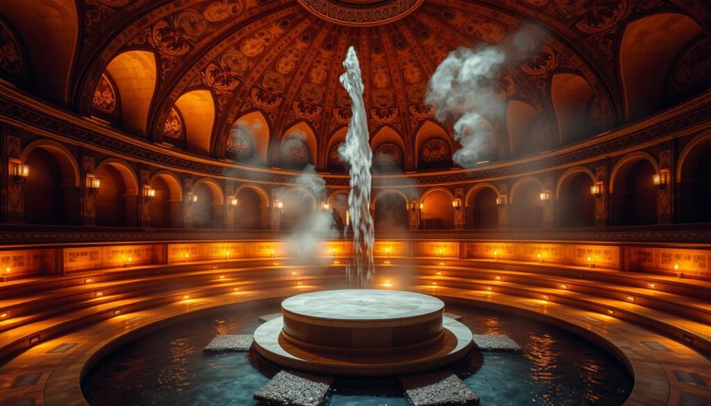 A grand, dimly lit Turkish bath chamber, with arched domed ceilings and intricate tile mosaics lining the walls. Warm, amber-hued lighting casts a soft, soothing glow, creating an atmosphere of tranquility and relaxation. A central, circular marble platform stands as the focal point, surrounded by tiered seating areas where patrons can unwind and enjoy the therapeutic steam. The room is filled with the gentle hiss of water dripping onto heated stones, releasing fragrant clouds of vapor that envelop the space. The scene evokes a timeless, centuries-old tradition of rejuvenation and wellness. A grand, dimly lit Turkish bath chamber, with arched domed ceilings and intricate tile mosaics lining the walls. Warm, amber-hued lighting casts a soft, soothing glow, creating an atmosphere of tranquility and relaxation. A central, circular marble platform stands as the focal point, surrounded by tiered seating areas where patrons can unwind and enjoy the therapeutic steam. The room is filled with the gentle hiss of water dripping onto heated stones, releasing fragrant clouds of vapor that envelop the space. The scene evokes a timeless, centuries-old tradition of rejuvenation and wellness.