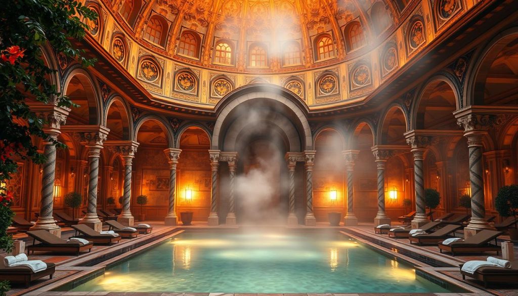 A grand, domed structure with intricate Turkish-style architecture, surrounded by lush greenery and manicured gardens. The interior is bathed in warm, golden lighting, revealing an opulent, marble-clad hammam with ornate stone arches and a large, central pool. Steam rises from the water, creating a serene, misty atmosphere. Plush lounge chairs and towels are neatly arranged, inviting visitors to relax and indulge in the spa's wellness rituals. The scene conveys a sense of luxurious, timeless elegance and the rich cultural heritage of Istanbul. A grand, domed structure with intricate Turkish-style architecture, surrounded by lush greenery and manicured gardens. The interior is bathed in warm, golden lighting, revealing an opulent, marble-clad hammam with ornate stone arches and a large, central pool. Steam rises from the water, creating a serene, misty atmosphere. Plush lounge chairs and towels are neatly arranged, inviting visitors to relax and indulge in the spa's wellness rituals. The scene conveys a sense of luxurious, timeless elegance and the rich cultural heritage of Istanbul.