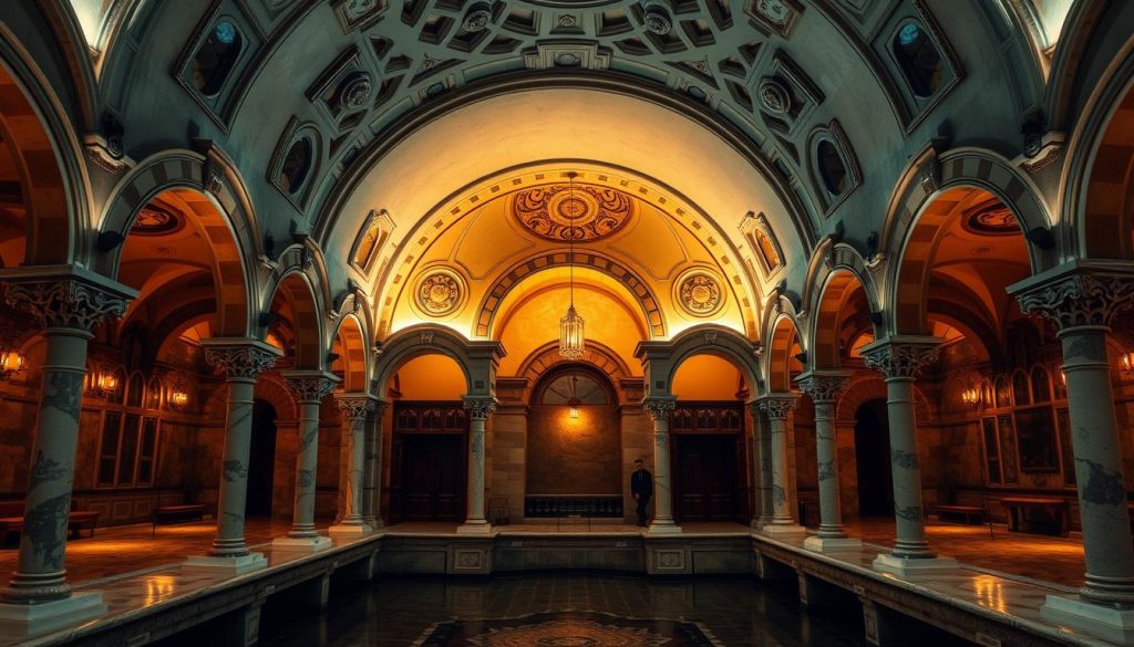 A grand, historic Turkish bath set in a warm, dimly lit interior. Ornate, domed ceilings supported by intricate, arched entryways. Smooth, marble surfaces gleam under soft, ambient lighting, casting gentle shadows. Elegant, architectural details like carved columns and mosaic-tiled floors create an atmosphere of tranquility and timeless splendor. The space exudes a sense of history and cultural heritage, inviting visitors to experience the revitalizing, time-honored traditions of the Avrupa Yakası hamam.