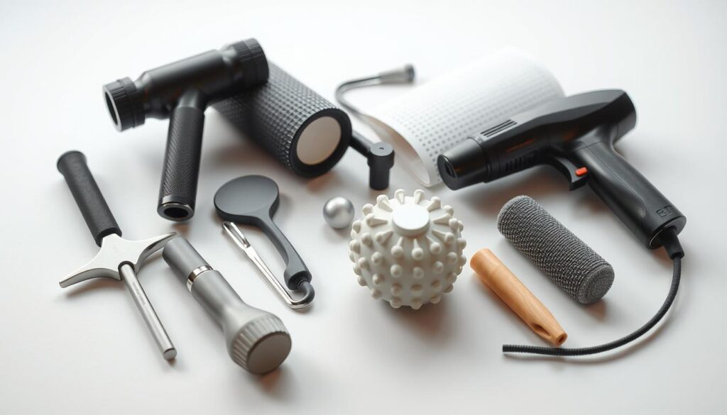 A high-quality, close-up image of various massage tools and accessories arranged on a clean, minimalist surface. The tools should include a massage roller, massage gun, acupressure mat, and other common massage implements. The lighting should be soft and diffused, creating a calm, therapeutic atmosphere. The focus should be on the tools themselves, showcasing their shapes, textures, and ergonomic features in detail. The background should be a simple, neutral color that complements the massage equipment. The overall composition should convey the benefits and versatility of massage tools in a professional, informative manner. A high-quality, close-up image of various massage tools and accessories arranged on a clean, minimalist surface. The tools should include a massage roller, massage gun, acupressure mat, and other common massage implements. The lighting should be soft and diffused, creating a calm, therapeutic atmosphere. The focus should be on the tools themselves, showcasing their shapes, textures, and ergonomic features in detail. The background should be a simple, neutral color that complements the massage equipment. The overall composition should convey the benefits and versatility of massage tools in a professional, informative manner.