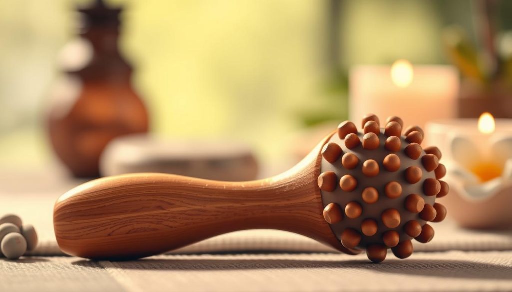 A high-quality massage tool with a smooth, ergonomic design, featuring curved and textured nodes that gently stimulate the nerve endings and energy points on the body. The tool is made of durable, lightweight materials and has a warm, natural wood finish that adds a calming, organic touch. Soft, diffused lighting casts a soothing glow, creating an atmosphere of relaxation and healing. The tool is positioned in the foreground, with a blurred, meditative background of soothing colors and natural elements that evoke a sense of tranquility and holistic well-being. A high-quality massage tool with a smooth, ergonomic design, featuring curved and textured nodes that gently stimulate the nerve endings and energy points on the body. The tool is made of durable, lightweight materials and has a warm, natural wood finish that adds a calming, organic touch. Soft, diffused lighting casts a soothing glow, creating an atmosphere of relaxation and healing. The tool is positioned in the foreground, with a blurred, meditative background of soothing colors and natural elements that evoke a sense of tranquility and holistic well-being.