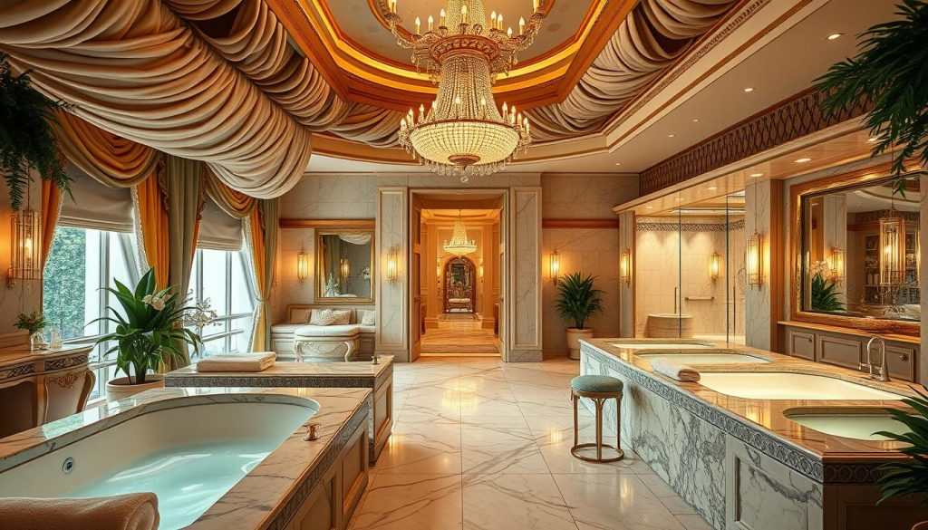 A lavish and opulent spa retreat, adorned with plush fabrics, polished marble, and gleaming brass accents. Soft, warm lighting casts a gentle glow, creating a serene and indulgent atmosphere. Elegant chandeliers hang overhead, their crystals reflecting the light, while lush greenery and fragrant flowers add a touch of natural beauty. Spacious treatment rooms feature deep soaking tubs, steam showers, and massage tables, inviting guests to experience the ultimate in luxury and relaxation. The attention to detail is impeccable, from the exquisite tile work to the high-end amenities, offering a truly exceptional spa experience. A lavish and opulent spa retreat, adorned with plush fabrics, polished marble, and gleaming brass accents. Soft, warm lighting casts a gentle glow, creating a serene and indulgent atmosphere. Elegant chandeliers hang overhead, their crystals reflecting the light, while lush greenery and fragrant flowers add a touch of natural beauty. Spacious treatment rooms feature deep soaking tubs, steam showers, and massage tables, inviting guests to experience the ultimate in luxury and relaxation. The attention to detail is impeccable, from the exquisite tile work to the high-end amenities, offering a truly exceptional spa experience.