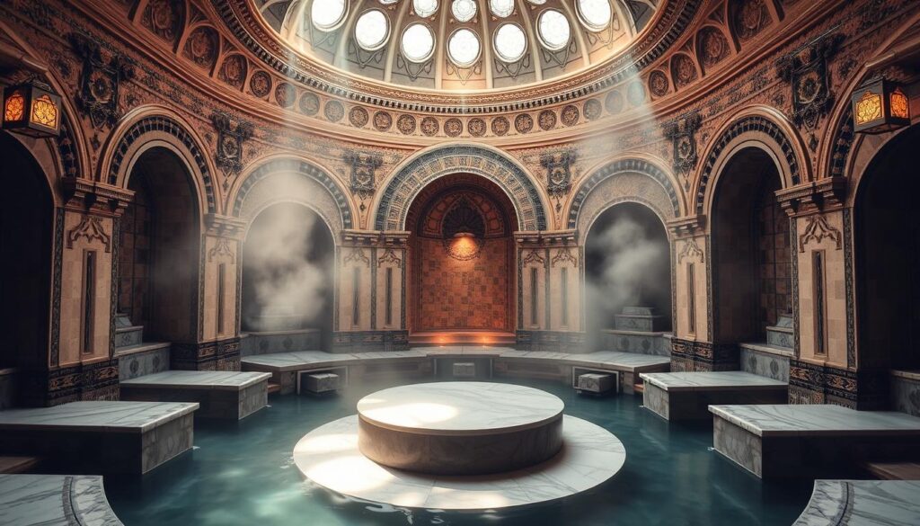 A luxurious Turkish bath experience in a tranquil oasis, with sunlight filtering through ornate domed ceilings and intricately tiled walls. The steamy, warmth-enveloped interior features a central marble plinth, surrounded by alcoves housing heated marble slabs for relaxation. Aromatic oils and the gentle sound of flowing water create a serene ambiance, inviting guests to unwind and rejuvenate. Soft lighting casts a warm glow, while intricate architectural details and ornamental patterns evoke the rich cultural heritage of this traditional spa ritual. The calming atmosphere and meticulous design elements transport visitors to a realm of pure relaxation and wellness. A luxurious Turkish bath experience in a tranquil oasis, with sunlight filtering through ornate domed ceilings and intricately tiled walls. The steamy, warmth-enveloped interior features a central marble plinth, surrounded by alcoves housing heated marble slabs for relaxation. Aromatic oils and the gentle sound of flowing water create a serene ambiance, inviting guests to unwind and rejuvenate. Soft lighting casts a warm glow, while intricate architectural details and ornamental patterns evoke the rich cultural heritage of this traditional spa ritual. The calming atmosphere and meticulous design elements transport visitors to a realm of pure relaxation and wellness.