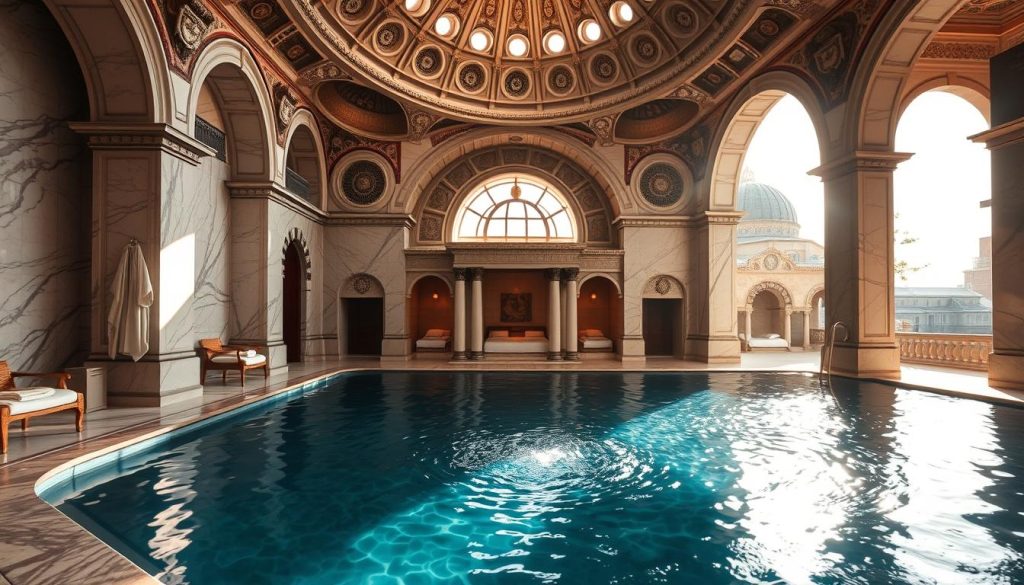 A luxurious Turkish bath house nestled in the heart of Istanbul, the Türk hamamı exudes a timeless elegance. Sunlight filters through ornate domed ceilings, casting a warm glow upon the intricate marble interiors. Plush towels and richly-textured fabrics adorn the serene spaces, while the soothing sounds of cascading water echoes throughout. In the foreground, a tranquil pool reflects the ornate architectural details, inviting visitors to indulge in a moment of pure relaxation. The middle ground showcases elegant alcoves and private massage rooms, where the natural spa experience seamlessly blends with modern sophistication. In the background, the iconic domed silhouette stands as a testament to the evolving legacy of Istanbul's renowned spa culture. A luxurious Turkish bath house nestled in the heart of Istanbul, the Türk hamamı exudes a timeless elegance. Sunlight filters through ornate domed ceilings, casting a warm glow upon the intricate marble interiors. Plush towels and richly-textured fabrics adorn the serene spaces, while the soothing sounds of cascading water echoes throughout. In the foreground, a tranquil pool reflects the ornate architectural details, inviting visitors to indulge in a moment of pure relaxation. The middle ground showcases elegant alcoves and private massage rooms, where the natural spa experience seamlessly blends with modern sophistication. In the background, the iconic domed silhouette stands as a testament to the evolving legacy of Istanbul's renowned spa culture.