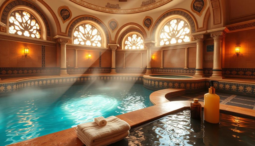 A luxurious Turkish-style bathhouse, with warm, inviting steam-filled rooms, ornate tile work, and soothing pools of glistening water. Sunlight filters through decorative windows, casting a soft, ambient glow. Plush towels and aromatic oils suggest a tranquil, rejuvenating experience. The scene evokes a sense of relaxation and indulgence, perfectly capturing the essence of the high-end spa and massage centers found throughout Istanbul's European side. A luxurious Turkish-style bathhouse, with warm, inviting steam-filled rooms, ornate tile work, and soothing pools of glistening water. Sunlight filters through decorative windows, casting a soft, ambient glow. Plush towels and aromatic oils suggest a tranquil, rejuvenating experience. The scene evokes a sense of relaxation and indulgence, perfectly capturing the essence of the high-end spa and massage centers found throughout Istanbul's European side.