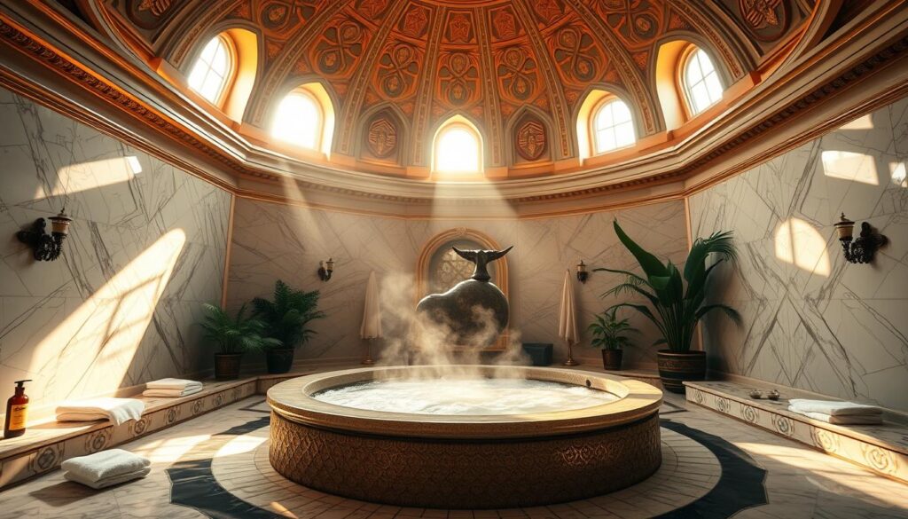 A luxurious and serene Turkish hamam bath scene. The ornate domed ceiling casts a warm, golden glow over the marble-lined room. Sunlight streams through high windows, illuminating the plush towels, fragrant oils, and traditional tiled walls. In the center, a large, raised circular stone basin filled with steaming water beckons for a soothing soak. Lush potted plants and ornate decorative elements create a tranquil, immersive atmosphere, transporting the viewer to a peaceful oasis of relaxation and rejuvenation. A luxurious and serene Turkish hamam bath scene. The ornate domed ceiling casts a warm, golden glow over the marble-lined room. Sunlight streams through high windows, illuminating the plush towels, fragrant oils, and traditional tiled walls. In the center, a large, raised circular stone basin filled with steaming water beckons for a soothing soak. Lush potted plants and ornate decorative elements create a tranquil, immersive atmosphere, transporting the viewer to a peaceful oasis of relaxation and rejuvenation.