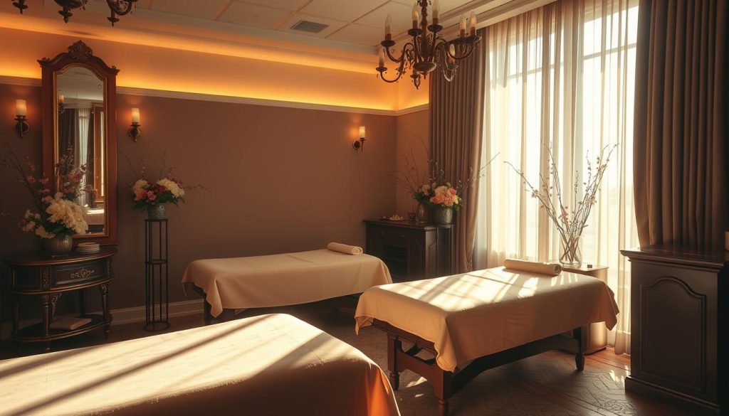 A luxurious and serene massage parlor tucked away in the bustling heart of Istanbul. Soft, diffused lighting casts a warm, calming glow over plush leather massage tables and ornate wooden accents. Delicate floral arrangements and the gentle scent of essential oils create an atmosphere of tranquility, a soothing respite from the city's vibrant energy. Sunlight filters through sheer curtains, casting long shadows and highlighting the elegance of the space. Clients are enveloped in a cocoon of relaxation, their senses lulled by the rhythmic kneading of skilled masseuses. This is an oasis of calm, a place to slow down and indulge in the rejuvenating power of traditional Turkish massage techniques. A luxurious and serene massage parlor tucked away in the bustling heart of Istanbul. Soft, diffused lighting casts a warm, calming glow over plush leather massage tables and ornate wooden accents. Delicate floral arrangements and the gentle scent of essential oils create an atmosphere of tranquility, a soothing respite from the city's vibrant energy. Sunlight filters through sheer curtains, casting long shadows and highlighting the elegance of the space. Clients are enveloped in a cocoon of relaxation, their senses lulled by the rhythmic kneading of skilled masseuses. This is an oasis of calm, a place to slow down and indulge in the rejuvenating power of traditional Turkish massage techniques.