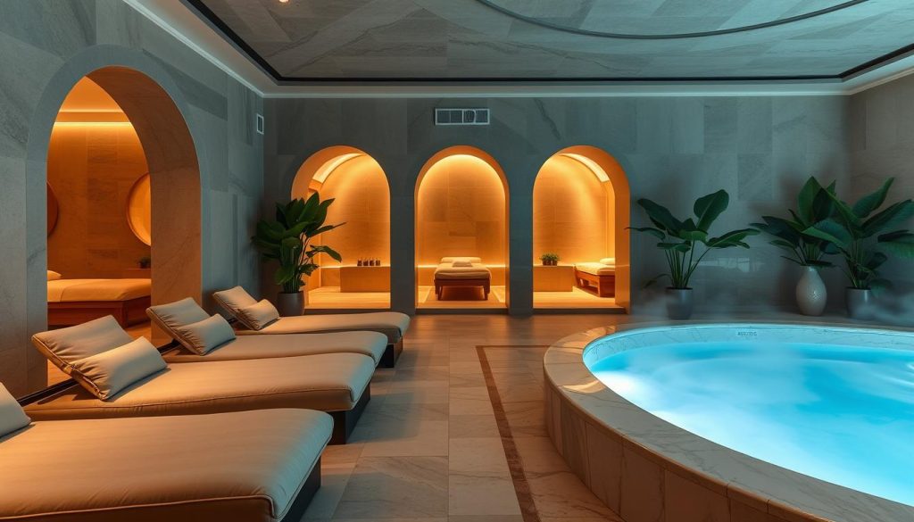 A luxurious and serene spa retreat, nestled in the heart of Istanbul. A tranquil oasis of natural materials and soothing, ambient lighting. Plush, oversized loungers invite guests to unwind, as steam rises from a marble-clad thermal pool. Arched doorways lead to private treatment rooms, where skilled therapists administer traditional Turkish massages and holistic wellness rituals. Lush potted plants and calming water features create a harmonious, zen-like atmosphere, transporting visitors to a realm of total relaxation and rejuvenation. Soft, muted tones and a minimalist, contemporary design evoke a sense of modern luxury, blending the city's storied spa heritage with a refined, forward-thinking approach to wellness. A luxurious and serene spa retreat, nestled in the heart of Istanbul. A tranquil oasis of natural materials and soothing, ambient lighting. Plush, oversized loungers invite guests to unwind, as steam rises from a marble-clad thermal pool. Arched doorways lead to private treatment rooms, where skilled therapists administer traditional Turkish massages and holistic wellness rituals. Lush potted plants and calming water features create a harmonious, zen-like atmosphere, transporting visitors to a realm of total relaxation and rejuvenation. Soft, muted tones and a minimalist, contemporary design evoke a sense of modern luxury, blending the city's storied spa heritage with a refined, forward-thinking approach to wellness.