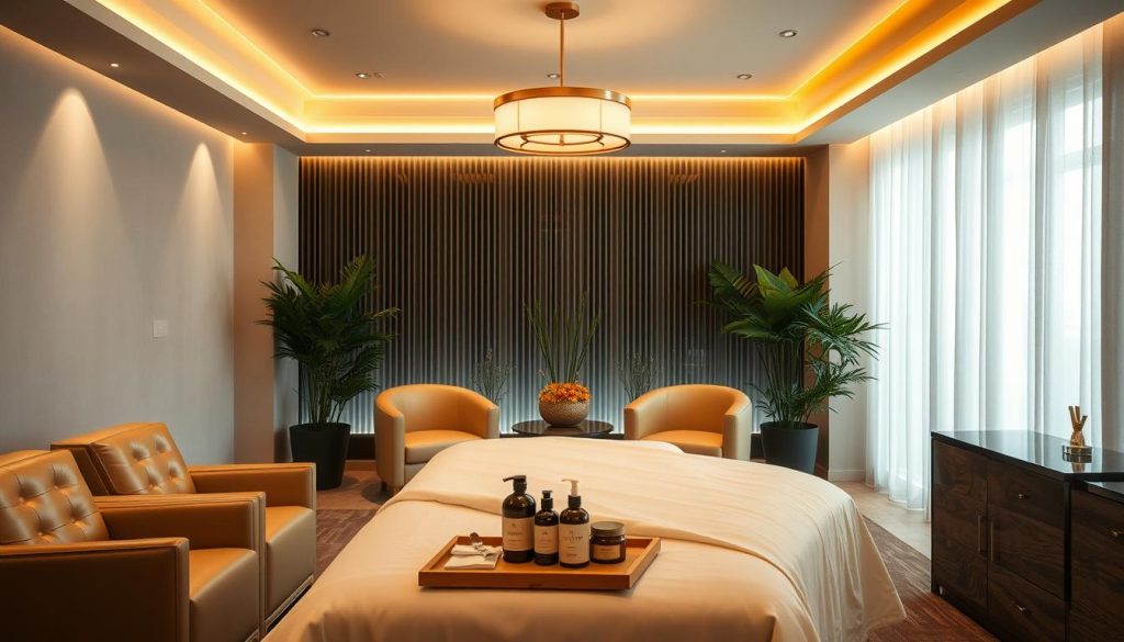 A luxurious corporate massage studio in Istanbul, bathed in warm, soothing lighting. Plush leather chairs and soft, neutral-toned decor create a serene, high-end ambiance. In the foreground, a massage table draped in soft, white linens, with a set of massage oils and tools neatly arranged nearby. Overhead, a modern, minimalist light fixture casts a gentle glow, accentuating the tranquil atmosphere. In the background, lush potted plants and sleek, wooden accents contribute to the sophisticated, urban aesthetic. The overall scene conveys a sense of relaxation, rejuvenation, and elevated professionalism, perfectly suited for corporate VIP massage packages. A luxurious corporate massage studio in Istanbul, bathed in warm, soothing lighting. Plush leather chairs and soft, neutral-toned decor create a serene, high-end ambiance. In the foreground, a massage table draped in soft, white linens, with a set of massage oils and tools neatly arranged nearby. Overhead, a modern, minimalist light fixture casts a gentle glow, accentuating the tranquil atmosphere. In the background, lush potted plants and sleek, wooden accents contribute to the sophisticated, urban aesthetic. The overall scene conveys a sense of relaxation, rejuvenation, and elevated professionalism, perfectly suited for corporate VIP massage packages.