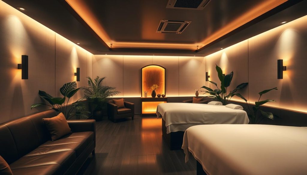 A luxurious, dimly lit massage parlor interior with plush leather couches, soft lighting, and soothing aromas. Tranquil, muted colors create a serene atmosphere. Lush, tropical plants adorn the space, adding a touch of natural elegance. The scene features high-end massage tables with crisp, white linens, conveying a sense of indulgence and pampering. Warm, ambient lighting casts a gentle glow, inviting visitors to relax and unwind. The overall mood is one of sophistication, relaxation, and an exceptional spa-like experience. A luxurious, dimly lit massage parlor interior with plush leather couches, soft lighting, and soothing aromas. Tranquil, muted colors create a serene atmosphere. Lush, tropical plants adorn the space, adding a touch of natural elegance. The scene features high-end massage tables with crisp, white linens, conveying a sense of indulgence and pampering. Warm, ambient lighting casts a gentle glow, inviting visitors to relax and unwind. The overall mood is one of sophistication, relaxation, and an exceptional spa-like experience.