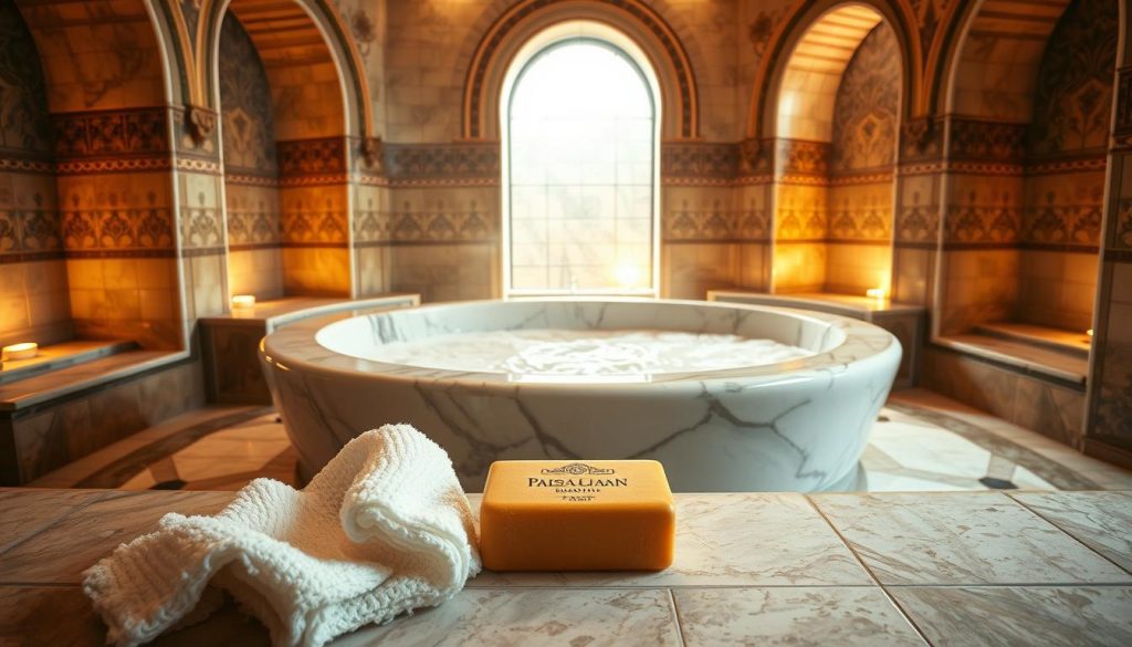 A luxurious hamam scene set in a traditional Turkish bathhouse. A large marble basin filled with warm, sudsy water takes center stage, surrounded by ornate tile walls and arched alcoves. Soft, diffused lighting casts a golden glow, creating an inviting and soothing atmosphere. In the foreground, a fluffy white kese cloth and a bar of rich, fragrant soap await, ready to gently exfoliate and cleanse the skin. The overall scene evokes a sense of pampering, relaxation, and centuries-old wellness rituals. A luxurious hamam scene set in a traditional Turkish bathhouse. A large marble basin filled with warm, sudsy water takes center stage, surrounded by ornate tile walls and arched alcoves. Soft, diffused lighting casts a golden glow, creating an inviting and soothing atmosphere. In the foreground, a fluffy white kese cloth and a bar of rich, fragrant soap await, ready to gently exfoliate and cleanse the skin. The overall scene evokes a sense of pampering, relaxation, and centuries-old wellness rituals.