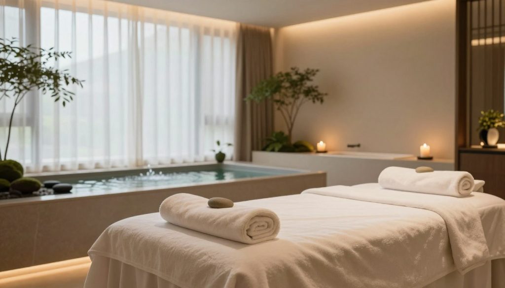 A luxurious hotel spa interior, showcasing an elegant relaxation area with soft ambient lighting casting a warm glow. In the foreground, a beautifully arranged treatment table adorned with plush towels and serene, natural decor, such as stones and plants. The middle ground features a minimalist water feature, gently bubbling, creating a calming atmosphere. The background reveals large windows with sheer curtains that let in soft, natural light, illuminating the tranquil space. Subtle greenery and aromatic candles add to the serene ambiance. The overall mood should evoke relaxation and rejuvenation, reflecting the rising trend of massage and spa experiences in tourism. Rich tones of beige, white, and green dominate the color palette, enhancing the spa's tranquil essence. A luxurious hotel spa interior, showcasing an elegant relaxation area with soft ambient lighting casting a warm glow. In the foreground, a beautifully arranged treatment table adorned with plush towels and serene, natural decor, such as stones and plants. The middle ground features a minimalist water feature, gently bubbling, creating a calming atmosphere. The background reveals large windows with sheer curtains that let in soft, natural light, illuminating the tranquil space. Subtle greenery and aromatic candles add to the serene ambiance. The overall mood should evoke relaxation and rejuvenation, reflecting the rising trend of massage and spa experiences in tourism. Rich tones of beige, white, and green dominate the color palette, enhancing the spa's tranquil essence.