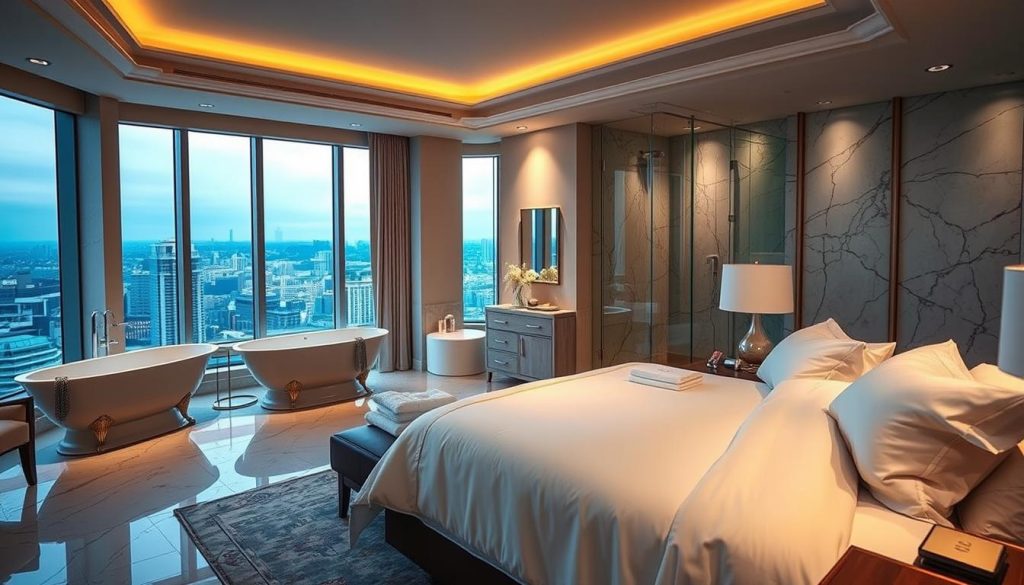 A luxurious hotel spa room with a serene, atmospheric ambiance. Soft lighting casts a warm glow, highlighting the elegant marble bathroom with a clawfoot tub and glass-enclosed shower. The centerpiece is a plush king-size bed draped in crisp, white linens, surrounded by tasteful modern furnishings. Large windows offer a picturesque cityscape view, creating a sense of tranquility and exclusivity. Subtle textures, muted tones, and minimal decor evoke a refined, indulgent experience perfect for a couple's VIP spa retreat. A luxurious hotel spa room with a serene, atmospheric ambiance. Soft lighting casts a warm glow, highlighting the elegant marble bathroom with a clawfoot tub and glass-enclosed shower. The centerpiece is a plush king-size bed draped in crisp, white linens, surrounded by tasteful modern furnishings. Large windows offer a picturesque cityscape view, creating a sense of tranquility and exclusivity. Subtle textures, muted tones, and minimal decor evoke a refined, indulgent experience perfect for a couple's VIP spa retreat.