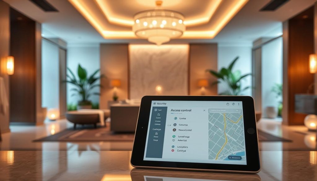 A luxurious hotel spa setting with a stylish, minimalist interior. Warm, soft lighting illuminates the elegant décor, creating a serene and tranquil atmosphere. In the foreground, a neatly organized access control list and location map are displayed on a sleek, modern tablet device. The background features lush greenery, natural elements, and a sense of exclusivity, conveying the idea of a high-end, private spa experience. The overall composition exudes a sense of refinement, attention to detail, and a focus on customer experience and security. A luxurious hotel spa setting with a stylish, minimalist interior. Warm, soft lighting illuminates the elegant décor, creating a serene and tranquil atmosphere. In the foreground, a neatly organized access control list and location map are displayed on a sleek, modern tablet device. The background features lush greenery, natural elements, and a sense of exclusivity, conveying the idea of a high-end, private spa experience. The overall composition exudes a sense of refinement, attention to detail, and a focus on customer experience and security.