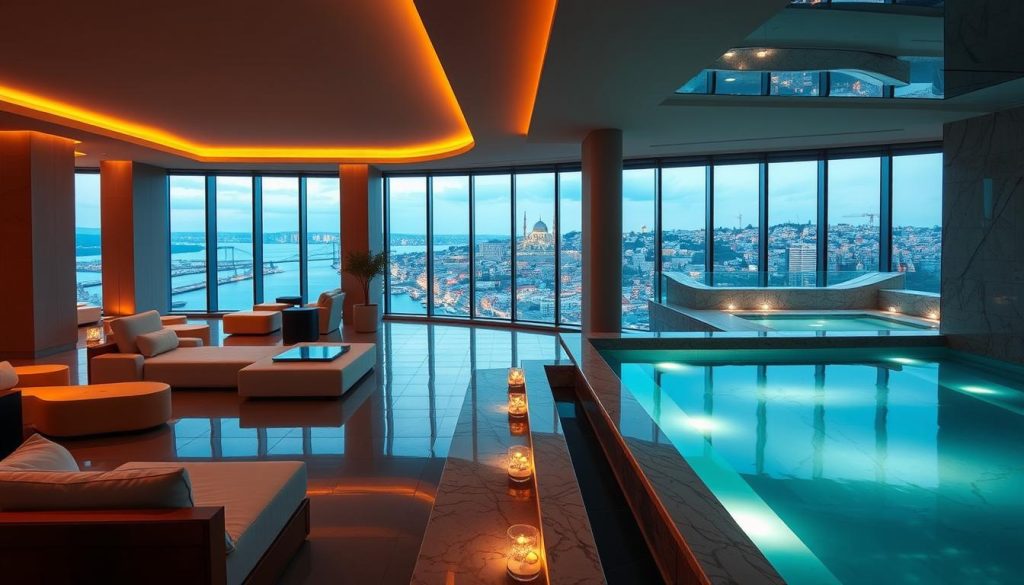 A luxurious indoor spa nestled in a modern high-rise, bathed in warm, ambient lighting. Floor-to-ceiling windows offer panoramic views of the bustling Bosphorus. Plush, minimalist lounge areas with sleek, contemporary furnishings invite guests to unwind. Elegant, marble-clad treatment rooms feature state-of-the-art hydrotherapy equipment and tranquil water features. A tranquil, four-season rooftop terrace overlooks the iconic Istanbul skyline, creating a serene, sanctuary-like atmosphere. Soft, natural textures and muted color palettes evoke a sense of refined sophistication. The overall scene conveys an aura of luxury, relaxation, and indulgence. A luxurious indoor spa nestled in a modern high-rise, bathed in warm, ambient lighting. Floor-to-ceiling windows offer panoramic views of the bustling Bosphorus. Plush, minimalist lounge areas with sleek, contemporary furnishings invite guests to unwind. Elegant, marble-clad treatment rooms feature state-of-the-art hydrotherapy equipment and tranquil water features. A tranquil, four-season rooftop terrace overlooks the iconic Istanbul skyline, creating a serene, sanctuary-like atmosphere. Soft, natural textures and muted color palettes evoke a sense of refined sophistication. The overall scene conveys an aura of luxury, relaxation, and indulgence.