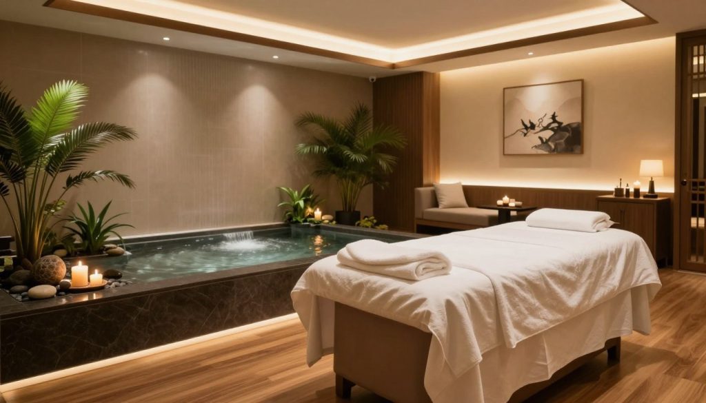 A luxurious spa and massage salon interior, featuring elegant wooden flooring and softly illuminated ambient lighting. In the foreground, a plush massage table draped with fresh white linens and aromatic candles on either side, creating a serene atmosphere. In the middle ground, a tranquil water feature flows gently, surrounded by lush green plants and delicate stones, enhancing the relaxation theme. The background showcases tasteful decor, with soothing artwork adorning the walls and cozy seating areas, all enveloped in a warm color palette. The overall mood is one of tranquility and opulence, inviting viewers to envision a peaceful retreat. The scene is richly detailed with soft focus, capturing the essence of a high-end wellness experience. A luxurious spa and massage salon interior, featuring elegant wooden flooring and softly illuminated ambient lighting. In the foreground, a plush massage table draped with fresh white linens and aromatic candles on either side, creating a serene atmosphere. In the middle ground, a tranquil water feature flows gently, surrounded by lush green plants and delicate stones, enhancing the relaxation theme. The background showcases tasteful decor, with soothing artwork adorning the walls and cozy seating areas, all enveloped in a warm color palette. The overall mood is one of tranquility and opulence, inviting viewers to envision a peaceful retreat. The scene is richly detailed with soft focus, capturing the essence of a high-end wellness experience.