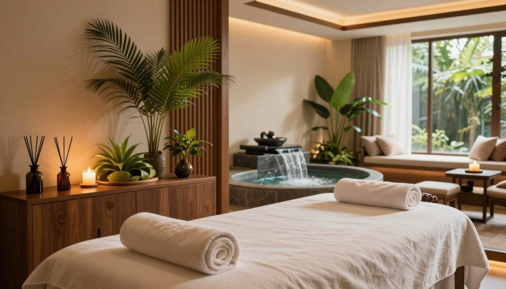 A luxurious spa experience in a serene environment, featuring a beautifully designed interior with soft, ambient lighting. In the foreground, a peaceful massage room with a plush massage table adorned with rolled towels and scented candles. In the middle, elegant decor including lush green plants, aromatic essential oil diffusers, and polished wooden accents. The background reveals a tranquil relaxation area with a bubbling water feature and comfortable seating, surrounded by calming colors and textures. Natural light streams in through large windows, creating a warm and inviting atmosphere. The overall mood is one of peace and relaxation, perfect for a high-end spa experience. A luxurious spa experience in a serene environment, featuring a beautifully designed interior with soft, ambient lighting. In the foreground, a peaceful massage room with a plush massage table adorned with rolled towels and scented candles. In the middle, elegant decor including lush green plants, aromatic essential oil diffusers, and polished wooden accents. The background reveals a tranquil relaxation area with a bubbling water feature and comfortable seating, surrounded by calming colors and textures. Natural light streams in through large windows, creating a warm and inviting atmosphere. The overall mood is one of peace and relaxation, perfect for a high-end spa experience.