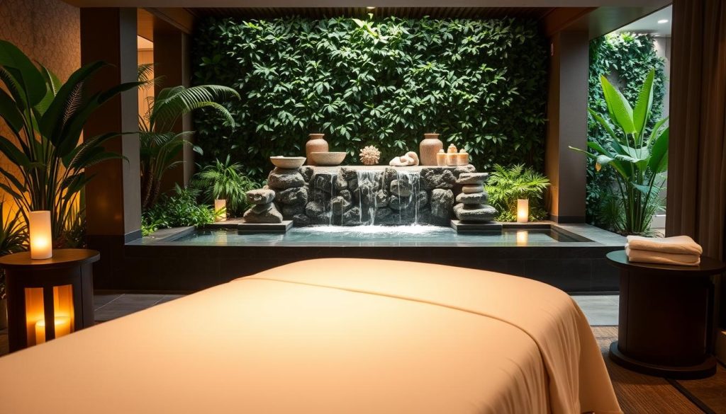 A luxurious spa interior with an elegant, calming atmosphere. The foreground features a plush massage table draped in soft, high-quality linens. The middle ground showcases a soothing water feature, its tranquil sounds adding to the relaxing ambiance. The background is adorned with lush greenery, creating a serene, nature-inspired setting. Soft, diffused lighting illuminates the space, casting a warm, inviting glow. The overall composition exudes a sense of opulence and rejuvenation, perfectly capturing the essence of a premium spa experience. A luxurious spa interior with an elegant, calming atmosphere. The foreground features a plush massage table draped in soft, high-quality linens. The middle ground showcases a soothing water feature, its tranquil sounds adding to the relaxing ambiance. The background is adorned with lush greenery, creating a serene, nature-inspired setting. Soft, diffused lighting illuminates the space, casting a warm, inviting glow. The overall composition exudes a sense of opulence and rejuvenation, perfectly capturing the essence of a premium spa experience.