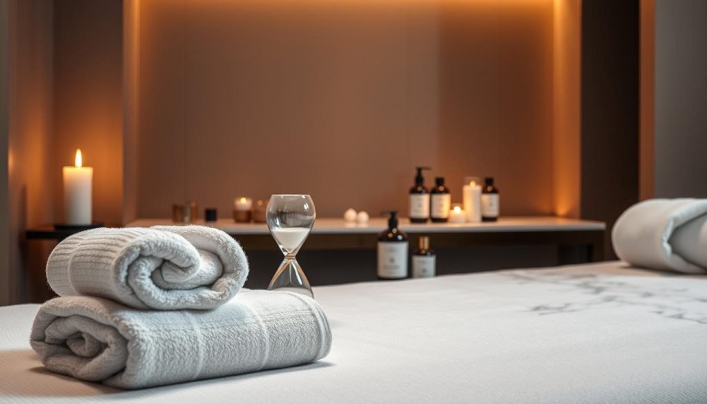 A luxurious spa-like setting with a minimalist, high-end aesthetic. The foreground showcases a beautifully presented massage package, featuring a soft, plush towel, a stylish hourglass timer, and a serene candle flickering in the background. The middle ground displays an elegant, marble-top table with a carefully curated selection of premium massage oils and lotions. The background is a tranquil, dimly lit space with warm, inviting lighting, creating a calming and relaxing atmosphere. The overall composition exudes an atmosphere of relaxation, indulgence, and premium wellness services. A luxurious spa-like setting with a minimalist, high-end aesthetic. The foreground showcases a beautifully presented massage package, featuring a soft, plush towel, a stylish hourglass timer, and a serene candle flickering in the background. The middle ground displays an elegant, marble-top table with a carefully curated selection of premium massage oils and lotions. The background is a tranquil, dimly lit space with warm, inviting lighting, creating a calming and relaxing atmosphere. The overall composition exudes an atmosphere of relaxation, indulgence, and premium wellness services.