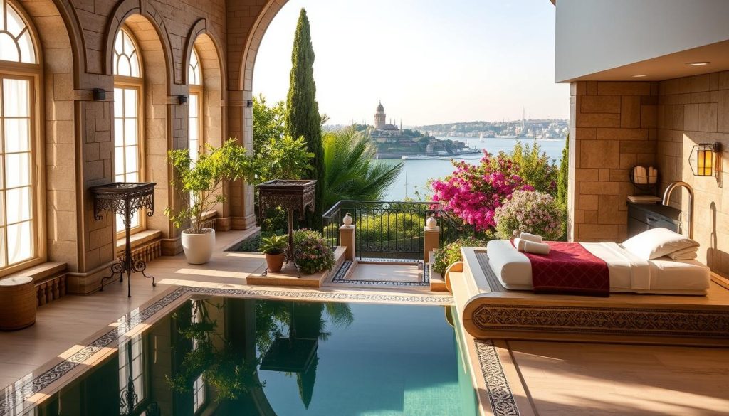 A luxurious spa oasis nestled amidst the historic charm of Istanbul's Bosphorus coastline. Elegant stone architecture blends seamlessly with lush, verdant gardens, creating an atmosphere of tranquility and relaxation. Soft natural light filters through tall windows, casting a warm glow over the serene indoor pool and plush massage suites. Ornate tile work and polished marble surfaces reflect the region's rich cultural heritage. Guests are invited to indulge in signature treatments, from soothing aromatherapy massages to invigorating Turkish baths, all while enjoying breathtaking views of the iconic Maiden's Tower and distant Asian shore.