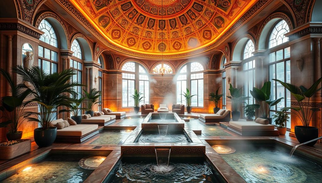 A luxurious spa oasis nestled in the heart of Istanbul, with ornate domed ceilings, intricate mosaic tiles, and plush lounge areas. Warm lighting casts a serene glow, as steam rises from heated pools and attendants offer soothing massages. Lush potted plants and cascading fountains create a tranquil atmosphere, transporting visitors to a realm of relaxation and rejuvenation. Sleek, modern design elements blend seamlessly with the historic architecture, offering a harmonious blend of old and new. The scene evokes a sense of wellness and indulgence, inviting guests to indulge in the city's rich tradition of spa and wellness experiences. A luxurious spa oasis nestled in the heart of Istanbul, with ornate domed ceilings, intricate mosaic tiles, and plush lounge areas. Warm lighting casts a serene glow, as steam rises from heated pools and attendants offer soothing massages. Lush potted plants and cascading fountains create a tranquil atmosphere, transporting visitors to a realm of relaxation and rejuvenation. Sleek, modern design elements blend seamlessly with the historic architecture, offering a harmonious blend of old and new. The scene evokes a sense of wellness and indulgence, inviting guests to indulge in the city's rich tradition of spa and wellness experiences.