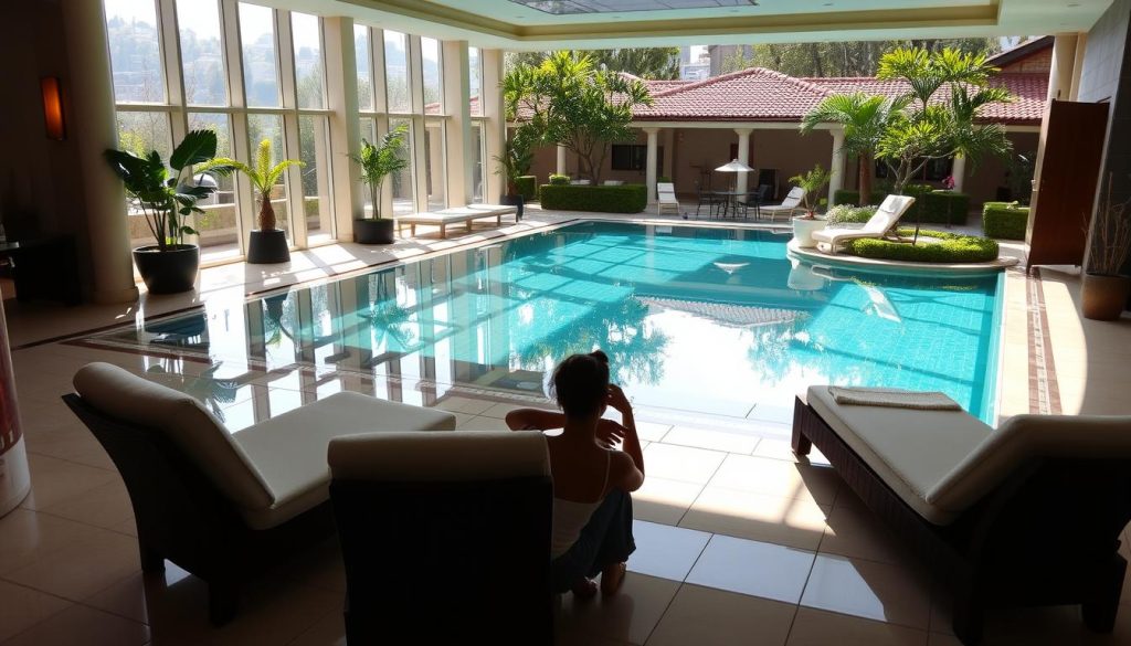 A luxurious spa resort nestled in the picturesque Anatolian side of Istanbul, showcasing a harmonious blend of traditional Turkish wellness practices and modern pampering treatments. The elegant lobby leads to a tranquil indoor pool area, where sunlight filters through floor-to-ceiling windows, casting a warm glow on the serene waters. Beyond, private massage suites offer soothing aromatherapy and expert therapists, while the sauna and steam rooms provide a rejuvenating escape. Lush greenery and water features dot the meticulously landscaped outdoor gardens, creating a serene oasis of calm amidst the bustling city. Clients indulge in a holistic experience of relaxation, revitalization, and self-care in this exceptional Anadolu Yakası spa wellness center. A luxurious spa resort nestled in the picturesque Anatolian side of Istanbul, showcasing a harmonious blend of traditional Turkish wellness practices and modern pampering treatments. The elegant lobby leads to a tranquil indoor pool area, where sunlight filters through floor-to-ceiling windows, casting a warm glow on the serene waters. Beyond, private massage suites offer soothing aromatherapy and expert therapists, while the sauna and steam rooms provide a rejuvenating escape. Lush greenery and water features dot the meticulously landscaped outdoor gardens, creating a serene oasis of calm amidst the bustling city. Clients indulge in a holistic experience of relaxation, revitalization, and self-care in this exceptional Anadolu Yakası spa wellness center.