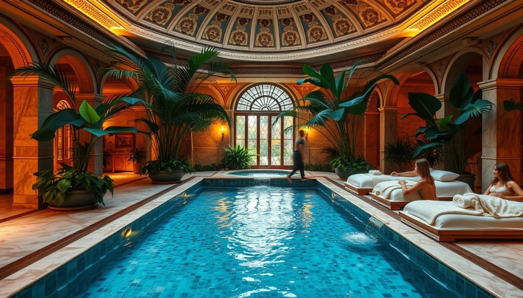 A luxurious spa retreat in the heart of Istanbul, with Turkish marble floors, ornate ceiling domes, and warm mood lighting. Guests soak in a fragrant, mineral-rich pool, surrounded by intricate mosaic tiles and lush, tropical foliage. Nearby, plush massage tables await, where skilled therapists perform traditional Turkish massages using aromatic oils. The air is filled with the soothing scent of jasmine and the calming sound of trickling water features. A serene oasis of relaxation and rejuvenation, offering a truly authentic Istanbul spa experience. A luxurious spa retreat in the heart of Istanbul, with Turkish marble floors, ornate ceiling domes, and warm mood lighting. Guests soak in a fragrant, mineral-rich pool, surrounded by intricate mosaic tiles and lush, tropical foliage. Nearby, plush massage tables await, where skilled therapists perform traditional Turkish massages using aromatic oils. The air is filled with the soothing scent of jasmine and the calming sound of trickling water features. A serene oasis of relaxation and rejuvenation, offering a truly authentic Istanbul spa experience.