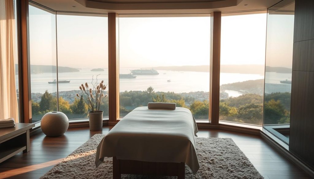 A luxurious spa room overlooking the serene Bosphorus strait, illuminated by soft, natural lighting filtering through large windows. The interior features elegant, minimalist decor with natural materials like wood and stone, creating a calming, spa-like ambiance. In the foreground, a cozy massage table sits atop a plush, neutral-toned rug. The middle ground showcases a tranquil view of the Bosphorus, with boats gently floating across the calm waters and the distant shoreline of Asia visible on the horizon. The background blends seamlessly with this serene scene, with lush greenery and a warm, golden-hour sky creating a serene, picturesque atmosphere. A luxurious spa room overlooking the serene Bosphorus strait, illuminated by soft, natural lighting filtering through large windows. The interior features elegant, minimalist decor with natural materials like wood and stone, creating a calming, spa-like ambiance. In the foreground, a cozy massage table sits atop a plush, neutral-toned rug. The middle ground showcases a tranquil view of the Bosphorus, with boats gently floating across the calm waters and the distant shoreline of Asia visible on the horizon. The background blends seamlessly with this serene scene, with lush greenery and a warm, golden-hour sky creating a serene, picturesque atmosphere.