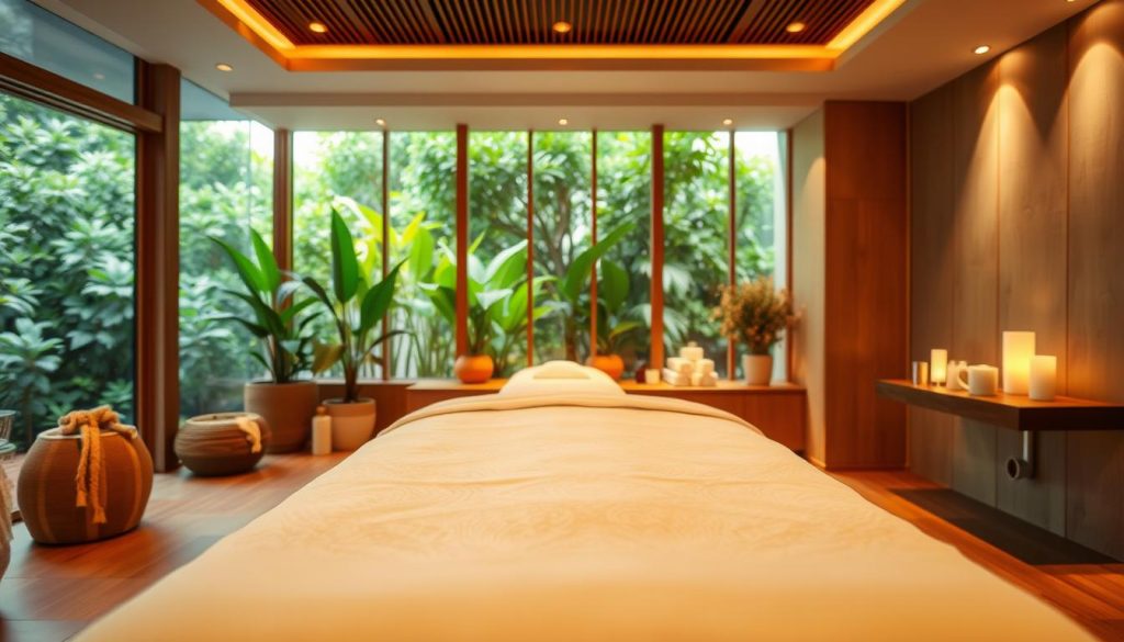 A luxurious spa setting with a cozy, inviting atmosphere. The foreground features a plush massage table draped in soft, white linens. Gentle lighting emanates from recessed fixtures, casting a warm, soothing glow. The middle ground showcases an elegant, minimalist decor with natural wood accents and potted plants, creating a serene, tranquil ambiance. In the background, a large window overlooks a lush, verdant garden, further enhancing the peaceful, rejuvenating experience. The overall scene conveys a sense of relaxation, pampering, and well-being. A luxurious spa setting with a cozy, inviting atmosphere. The foreground features a plush massage table draped in soft, white linens. Gentle lighting emanates from recessed fixtures, casting a warm, soothing glow. The middle ground showcases an elegant, minimalist decor with natural wood accents and potted plants, creating a serene, tranquil ambiance. In the background, a large window overlooks a lush, verdant garden, further enhancing the peaceful, rejuvenating experience. The overall scene conveys a sense of relaxation, pampering, and well-being.