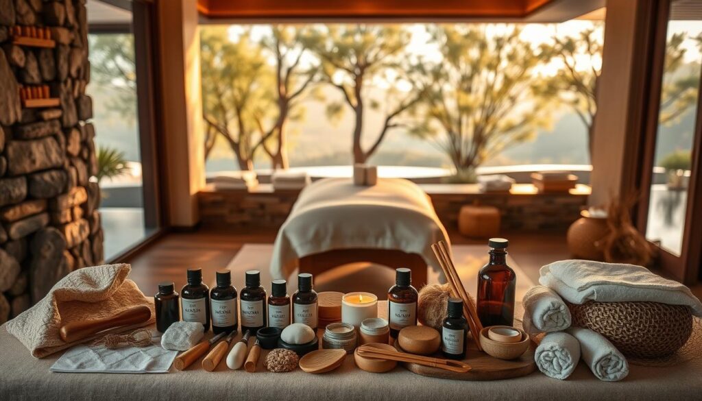 A luxurious spa setting with an array of massage modalities displayed. A well-lit, serene environment with natural textures like stone, wood, and soft fabrics. In the foreground, an assortment of massage tools and oils neatly arranged. In the middle ground, a massage table draped in fine linens. The background features a tranquil landscape with gently swaying trees and a calming water feature. The lighting is soft and warm, creating a soothing ambiance. The overall composition conveys a sense of relaxation, wellness, and the variety of massage treatments available. A luxurious spa setting with an array of massage modalities displayed. A well-lit, serene environment with natural textures like stone, wood, and soft fabrics. In the foreground, an assortment of massage tools and oils neatly arranged. In the middle ground, a massage table draped in fine linens. The background features a tranquil landscape with gently swaying trees and a calming water feature. The lighting is soft and warm, creating a soothing ambiance. The overall composition conveys a sense of relaxation, wellness, and the variety of massage treatments available.