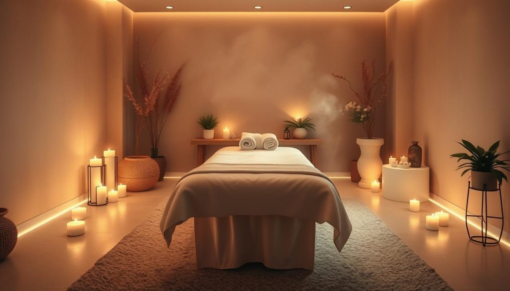 A luxurious spa treatment room, bathed in soft, warm lighting. Plush, inviting massage table in the center, draped with crisp white linens. Decorative candles flicker, casting a serene ambiance. Potted plants and natural elements adorn the space, creating a tranquil, organic atmosphere. Gentle steam rises, hinting at the soothing, rejuvenating experience to come. Soft, muted colors and textures evoke a sense of pampering and relaxation. The scene exudes an air of indulgence and self-care, beckoning the viewer to unwind and immerse themselves in the massage experience. A luxurious spa treatment room, bathed in soft, warm lighting. Plush, inviting massage table in the center, draped with crisp white linens. Decorative candles flicker, casting a serene ambiance. Potted plants and natural elements adorn the space, creating a tranquil, organic atmosphere. Gentle steam rises, hinting at the soothing, rejuvenating experience to come. Soft, muted colors and textures evoke a sense of pampering and relaxation. The scene exudes an air of indulgence and self-care, beckoning the viewer to unwind and immerse themselves in the massage experience.