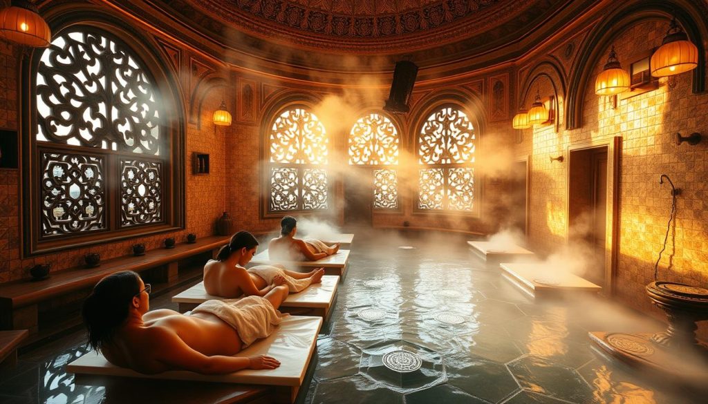 A luxurious traditional Turkish bathhouse, with ornate tiled walls and domed ceilings casting warm, golden light. Patrons recline on heated marble slabs, being massaged by skilled practitioners using aromatic oils. Billowing steam fills the air, creating an immersive, tranquil atmosphere. In the background, intricate latticed windows allow glimpses of the bustling city outside, contrasting the serene, timeless quality of the interior. The scene evokes a sense of timeless elegance and relaxation, capturing the essence of popular Turkish bathing and massage therapies. A luxurious traditional Turkish bathhouse, with ornate tiled walls and domed ceilings casting warm, golden light. Patrons recline on heated marble slabs, being massaged by skilled practitioners using aromatic oils. Billowing steam fills the air, creating an immersive, tranquil atmosphere. In the background, intricate latticed windows allow glimpses of the bustling city outside, contrasting the serene, timeless quality of the interior. The scene evokes a sense of timeless elegance and relaxation, capturing the essence of popular Turkish bathing and massage therapies.
