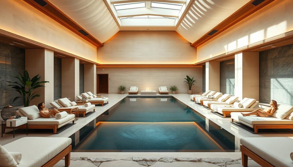 A luxurious, tranquil spa environment with plush, cream-colored textiles, rich wood accents, and soft, warm lighting. A centerpiece infinity pool reflects the high ceilings and skylights, creating a serene, contemplative atmosphere. Clients relax on chaise lounges, sipping herbal teas and indulging in rejuvenating treatments. Calming scents of essential oils linger in the air, complementing the soothing ambiance. Potted plants and natural stone details evoke a connection to nature, while modern, minimalist furnishings exude a sense of contemporary elegance. This high-end spa experience offers a perfect retreat from the bustle of the city, providing a sanctuary for relaxation and wellness. A luxurious, tranquil spa environment with plush, cream-colored textiles, rich wood accents, and soft, warm lighting. A centerpiece infinity pool reflects the high ceilings and skylights, creating a serene, contemplative atmosphere. Clients relax on chaise lounges, sipping herbal teas and indulging in rejuvenating treatments. Calming scents of essential oils linger in the air, complementing the soothing ambiance. Potted plants and natural stone details evoke a connection to nature, while modern, minimalist furnishings exude a sense of contemporary elegance. This high-end spa experience offers a perfect retreat from the bustle of the city, providing a sanctuary for relaxation and wellness.
