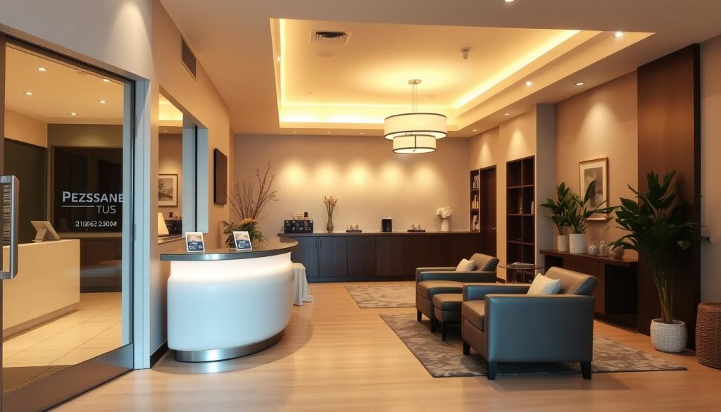 A meticulously designed and well-equipped massage therapy center, with a clean and serene ambiance. The entrance features a modern, minimalist facade, inviting patrons to explore the calming, hygienic space within. Soft, diffused lighting casts a warm glow, accentuating the sleek, professional equipment and high-quality furnishings. The reception area is tastefully appointed, projecting an air of professionalism and attention to detail. Gleaming surfaces and discreet signage indicate the center's commitment to cleanliness and personalized service, catering to the needs of each client. The overall scene conveys a sense of tranquility and rejuvenation, reflecting the care and expertise of the certified practitioners within. A meticulously designed and well-equipped massage therapy center, with a clean and serene ambiance. The entrance features a modern, minimalist facade, inviting patrons to explore the calming, hygienic space within. Soft, diffused lighting casts a warm glow, accentuating the sleek, professional equipment and high-quality furnishings. The reception area is tastefully appointed, projecting an air of professionalism and attention to detail. Gleaming surfaces and discreet signage indicate the center's commitment to cleanliness and personalized service, catering to the needs of each client. The overall scene conveys a sense of tranquility and rejuvenation, reflecting the care and expertise of the certified practitioners within.