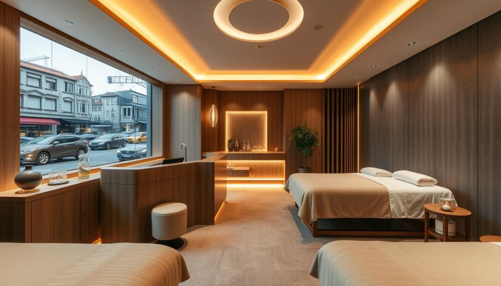 A modern, high-end massage studio with plush, comfortable furnishings and soothing ambient lighting. The interior features a mix of natural wood tones, muted earthy hues, and soft textiles creating a tranquil, spa-like ambiance. Strategically placed windows offer picturesque views of a busy Istanbul street, blending the indoors and outdoors. A sleek reception desk, well-appointed massage rooms, and discreet entryway emphasize the privacy and exclusivity of the experience. The overall atmosphere exudes a sense of refinement, relaxation, and effortless accessibility within the vibrant urban landscape. A modern, high-end massage studio with plush, comfortable furnishings and soothing ambient lighting. The interior features a mix of natural wood tones, muted earthy hues, and soft textiles creating a tranquil, spa-like ambiance. Strategically placed windows offer picturesque views of a busy Istanbul street, blending the indoors and outdoors. A sleek reception desk, well-appointed massage rooms, and discreet entryway emphasize the privacy and exclusivity of the experience. The overall atmosphere exudes a sense of refinement, relaxation, and effortless accessibility within the vibrant urban landscape.