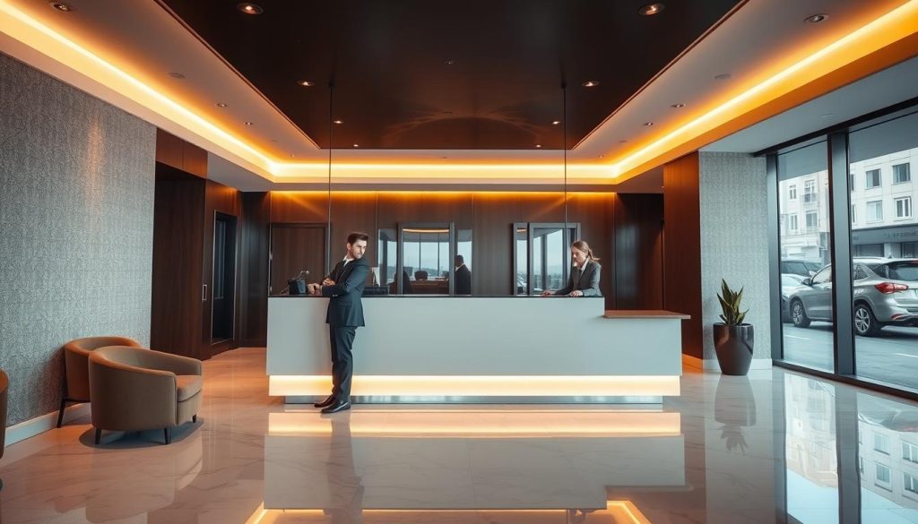 A modern hotel lobby with a sleek, minimalist design. The reception desk is prominently featured, with a staff member in a crisp uniform assisting a well-dressed guest. The lighting is warm and inviting, with a mix of indirect and accent lighting creating a cozy atmosphere. The floor is a polished marble, and the walls feature a subtle wallpaper pattern. In the background, a large window offers a glimpse of a bustling city street outside. The overall scene conveys a sense of professionalism, efficiency, and high-end hospitality, reflecting the "Hizmet Detayları ve Randevu Süreçleri" section of the article. A modern hotel lobby with a sleek, minimalist design. The reception desk is prominently featured, with a staff member in a crisp uniform assisting a well-dressed guest. The lighting is warm and inviting, with a mix of indirect and accent lighting creating a cozy atmosphere. The floor is a polished marble, and the walls feature a subtle wallpaper pattern. In the background, a large window offers a glimpse of a bustling city street outside. The overall scene conveys a sense of professionalism, efficiency, and high-end hospitality, reflecting the "Hizmet Detayları ve Randevu Süreçleri" section of the article.
