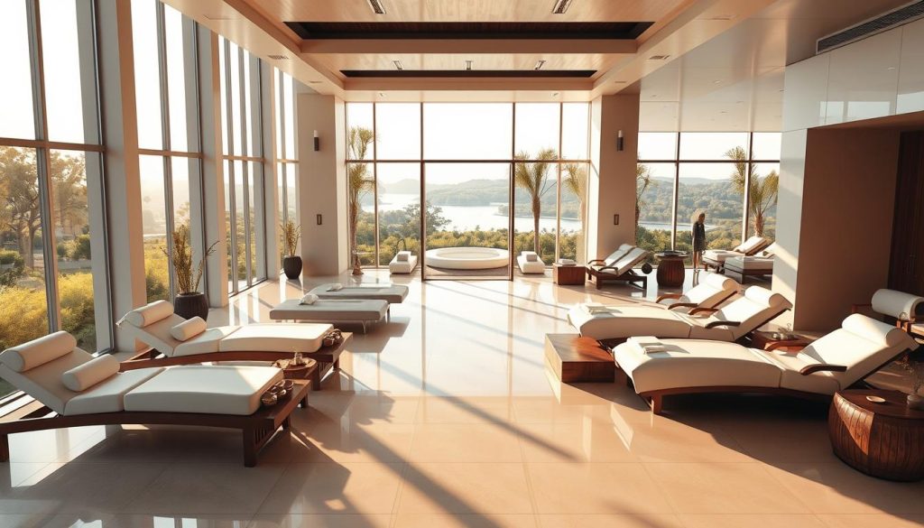 A modern, luxurious spa center in a serene, natural setting. Sunlight filters through large windows, casting a warm glow on the polished surfaces. Plush lounge chairs and sleek, minimalist decor create an atmosphere of relaxation and rejuvenation. In the foreground, a variety of spa treatment options are displayed, including massage tables, herbal baths, and specialty massage chairs. The middle ground showcases an array of high-end spa amenities, such as saunas, steam rooms, and tranquil relaxation areas. The background depicts a panoramic view of the spa's lush, landscaped gardens, with a serene lake or pond in the distance. The overall scene conveys a sense of wellness, indulgence, and the promise of an exceptional spa experience. A modern, luxurious spa center in a serene, natural setting. Sunlight filters through large windows, casting a warm glow on the polished surfaces. Plush lounge chairs and sleek, minimalist decor create an atmosphere of relaxation and rejuvenation. In the foreground, a variety of spa treatment options are displayed, including massage tables, herbal baths, and specialty massage chairs. The middle ground showcases an array of high-end spa amenities, such as saunas, steam rooms, and tranquil relaxation areas. The background depicts a panoramic view of the spa's lush, landscaped gardens, with a serene lake or pond in the distance. The overall scene conveys a sense of wellness, indulgence, and the promise of an exceptional spa experience.