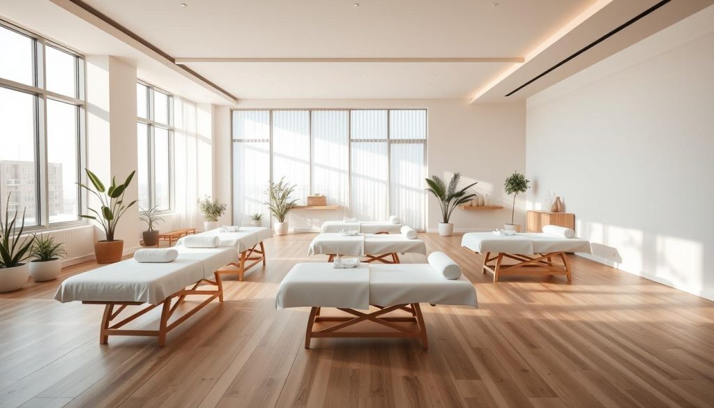 A modern, minimalist interior of a massage education center in Istanbul. A spacious, airy room with large windows letting in soft, natural light. Sleek, wooden floors and walls in soothing neutral tones. Minimalist, ergonomic massage tables arranged neatly, with folded white linens and plush pillows. Potted plants and simple, elegant decor elements add a calming, spa-like ambiance. The room exudes a sense of professionalism, tranquility, and attention to detail, perfectly suited for high-quality massage education and training. A modern, minimalist interior of a massage education center in Istanbul. A spacious, airy room with large windows letting in soft, natural light. Sleek, wooden floors and walls in soothing neutral tones. Minimalist, ergonomic massage tables arranged neatly, with folded white linens and plush pillows. Potted plants and simple, elegant decor elements add a calming, spa-like ambiance. The room exudes a sense of professionalism, tranquility, and attention to detail, perfectly suited for high-quality massage education and training.